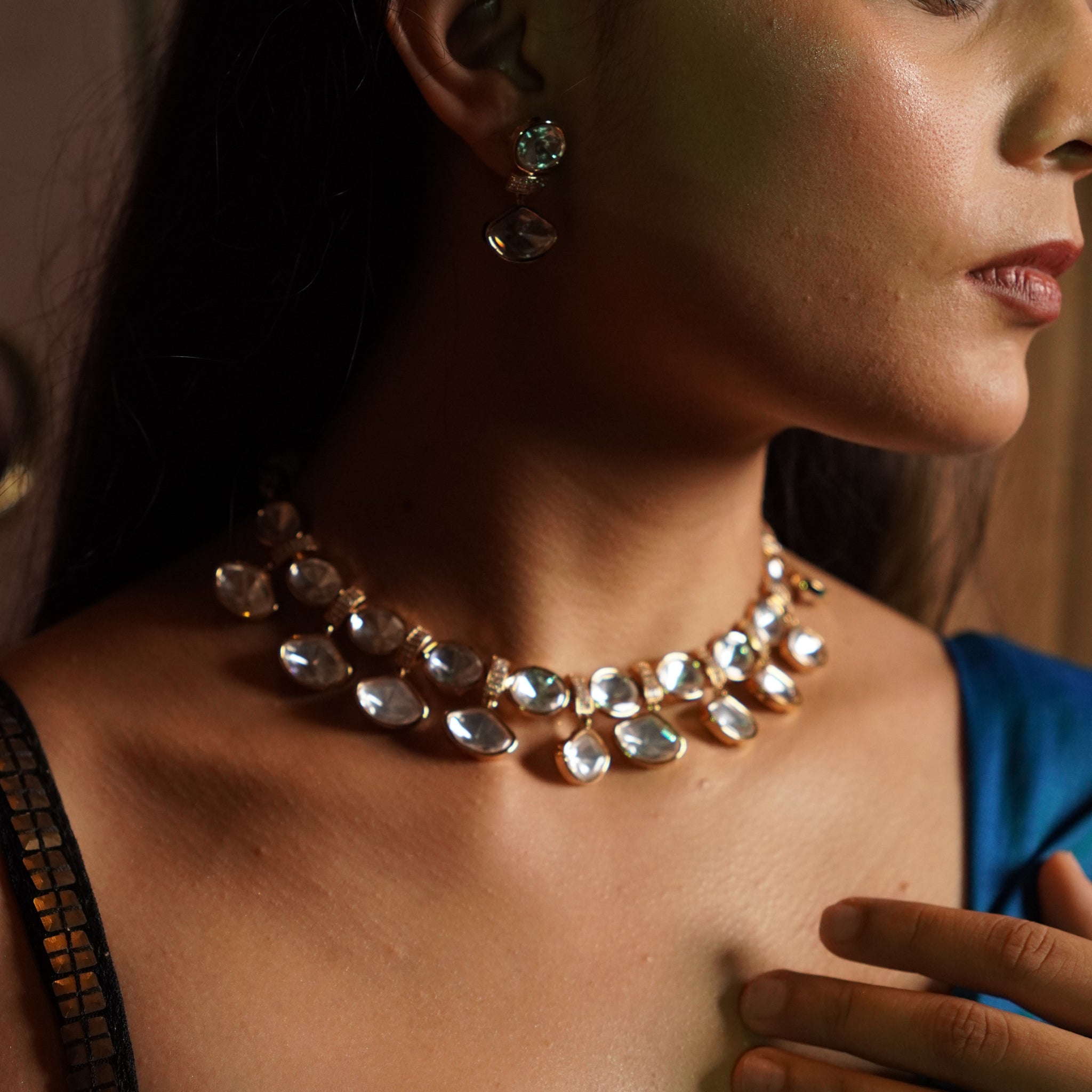 Classic 2 Liner Polki Necklace Set-Mivanaa